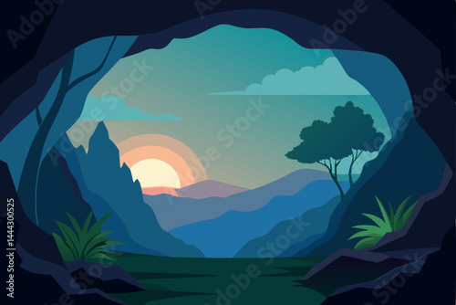 Serene Sunset View from Cave Entrance A Tranquil Mountain Landscape Illustration