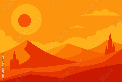 Sunset Desert Landscape Vibrant Orange Hues and Rolling Sand Dunes