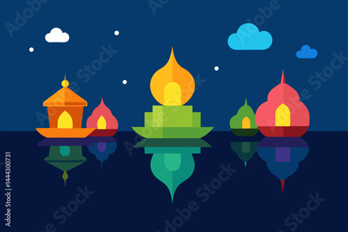 Enchanted Night Floating Lights and Calm Waterscape Illustration