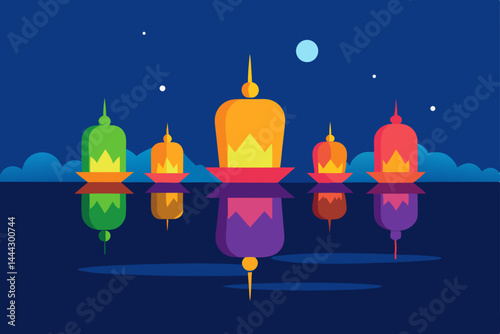 Colorful Floating Lanterns Reflecting on Calm Water at Night