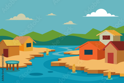 Serene Lakeside Village A Picturesque Riverfront Community Illustration