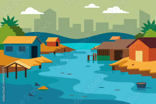 Coastal Village Houses by the River A serene illustration of waterfront homes nestled in a peaceful river setting