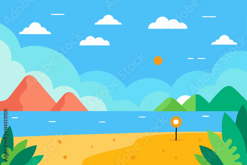 Vibrant Summer Beach Scene Sunny Sky, Mountains, and Calm Ocean
