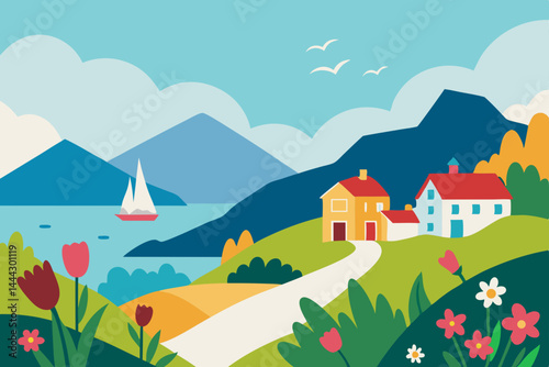 Coastal Village Spring Landscape Picturesque Homes, Blooming Flowers, and Serene Waters