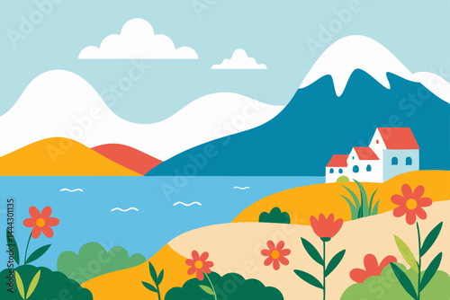 Serene Lakeside Village Mountain View, Spring Flowers, and Tranquil Escape