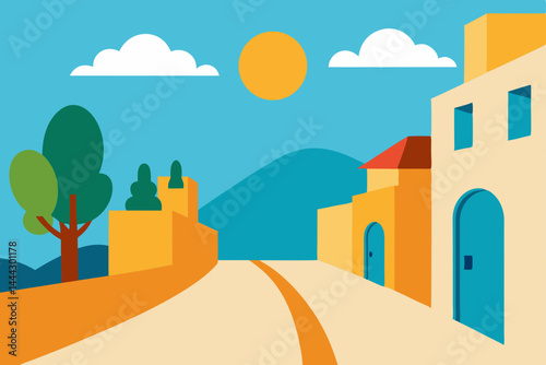 Sunny Mediterranean Village Street Scene Colorful Buildings, Landscape Illustration