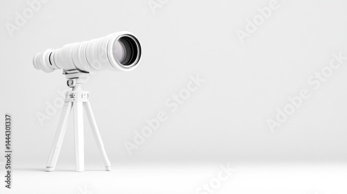 White camera lens on tripod.  A minimalist studio shot of a white camera lens mounted on a tripod, against a plain white background.  