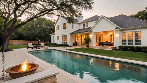 Texas Dream Home – Spacious suburban home with white walls and a cozy fire pit beside a crystal-clear pool

