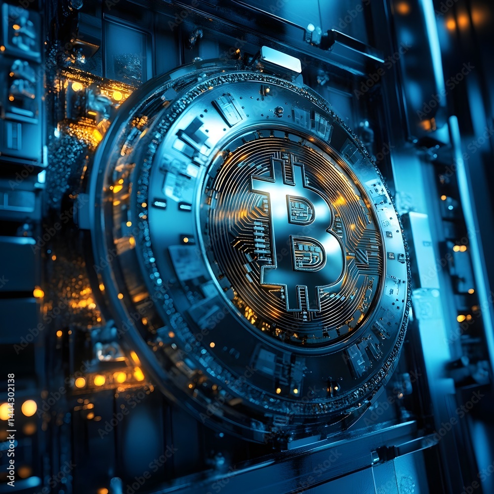 Digital vault with bitcoin symbols, representing secure asset management Digital vault with bitcoin symbols, representing secure asset management