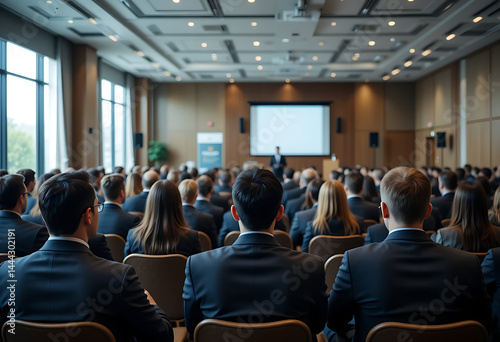 Rows Of People In Black Suits Are Seated In An Auditorium, Listening To A Speaker On Stage, corporate conference, leadership presentation