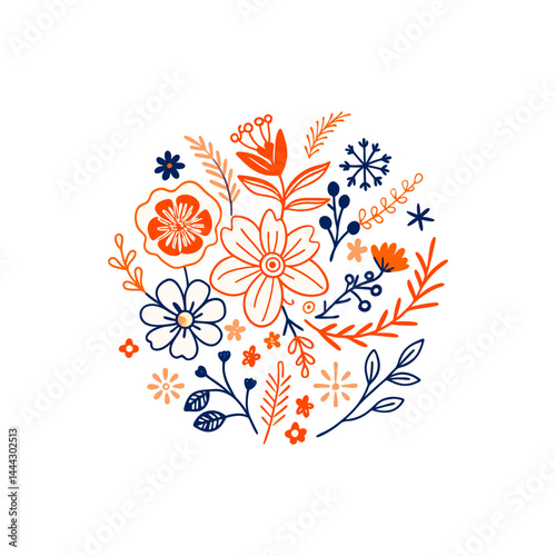 Whimsical Floral Circle Design in Orange and Blue
