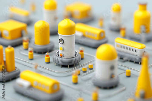 A futuristic, stylized cityscape with yellow and white industrial buildings and cylindrical structures on a gray surface.