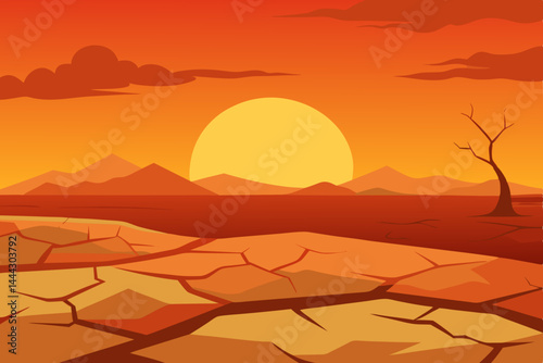 Sunset over Cracked Earth Arid Landscape Illustration