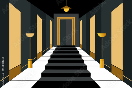 Elegant Black and Gold Staircase Hallway Interior Design Inspiration