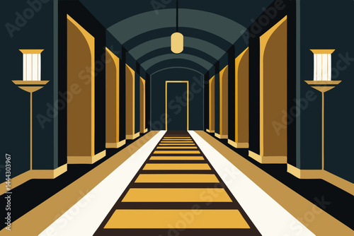 Elegant Hallway Interior Design A Luxurious Corridor with Golden Accents and Archways