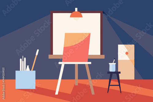 Creative Studio Artist's Workspace, Painting Supplies, and Easel Setup