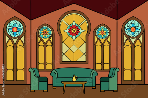 Serene Gothic Revival Room Stained Glass & Tranquil Interior Design