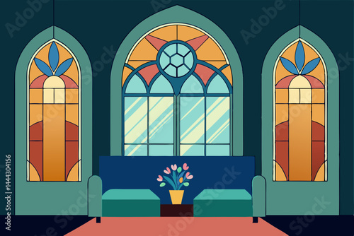 Serene Gothic Interior Stained Glass Windows and Tranquil Seating Area