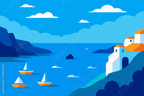 Mediterranean Coastal Village  Sailboats, Cliffs, and Azure Waters