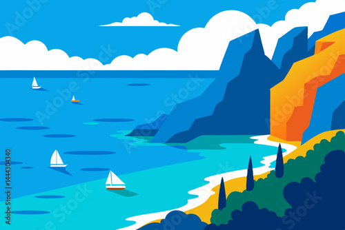 Coastal Serenity Sailboats and Cliffs in a Vibrant Summer Seascape