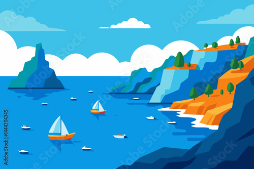 Coastal Serenity  Sailboats and Cliffs in a Summer Seascape