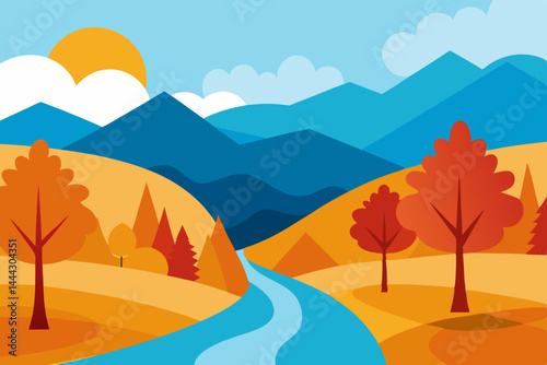 Autumn Landscape Serene River Valley with Colorful Trees and Mountains