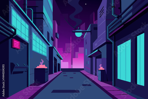 Cyberpunk Cityscape Neon Nights, Futuristic Alleyway, Digital Art Illustration
