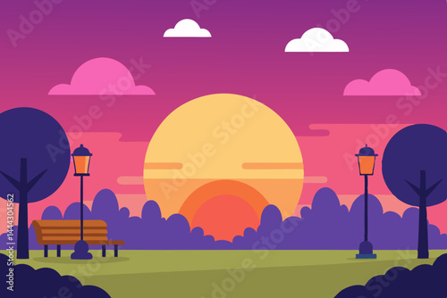Serene Sunset Park Peaceful Evening Landscape Illustration