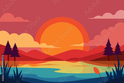 Serene Sunset Landscape Mountains, Lake, and Peaceful Evening