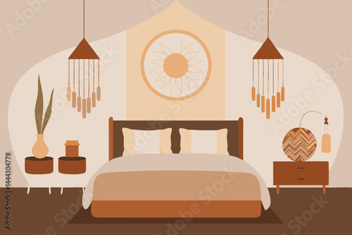 Serene Bohemian Bedroom Design Earthy Tones and Sunburst Decor