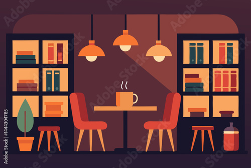 Cozy Coffee Shop Interior Design Bookshelves, Warm Lighting, and a Relaxing Atmosphere