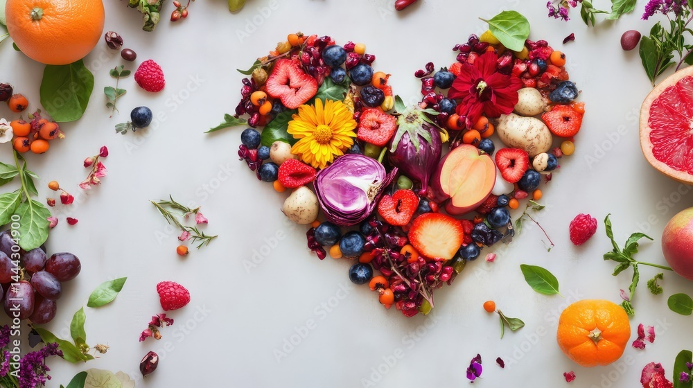 An artistic heart shape made of colorful fruits and vegetables, symbolizing wellness, healthy living, and mindful nutrition choices An artistic heart shape made of colorful fruits and vegetables, symbolizing wellness, healthy living, and mindful nutrition choices