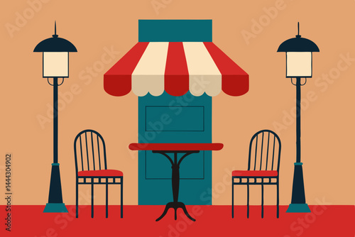 Charming Parisian Street Cafe Outdoor Seating and Red Striped Awning Illustration