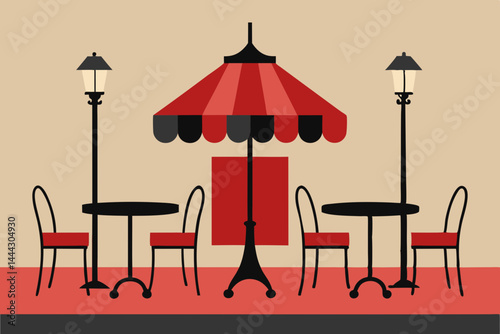 Charming Parisian Cafe Outdoor Seating, Red Umbrella, and Streetlamps