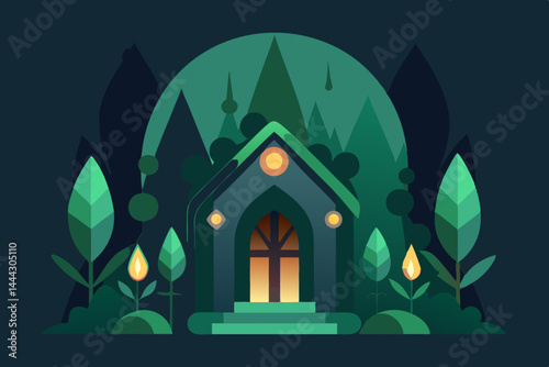 Enchanted Forest House A Mystical Nighttime Cottage Illustration