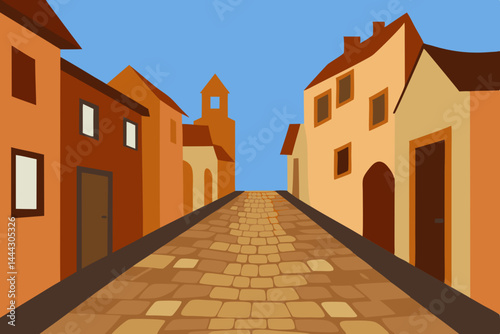 Cobblestone Street Charming European Village Architecture Illustration
