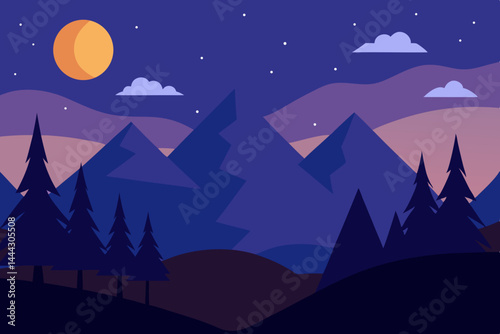 Serene Night in the Mountains A Vector Illustration of Majestic Peaks under a Tranquil Moonlit Sky