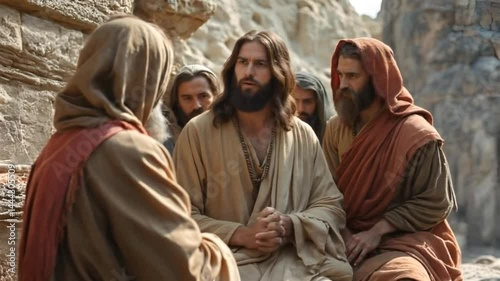 Jesus, surrounded by his disciples, sits amidst ancient ruins. A serene moment of teaching and fellowship is depicted. The scene evokes a sense of peace and spiritual connection