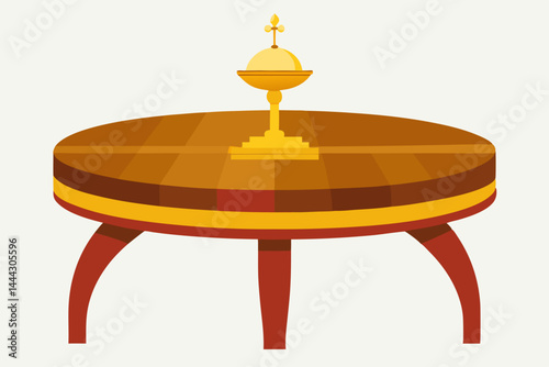 Ornate Wooden Table with Gilded Religious Vessel A Detailed Illustration