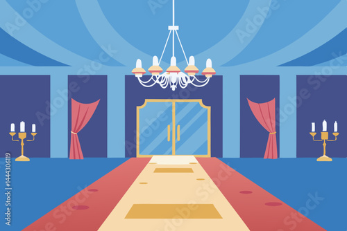 Grand Ballroom Entrance Elegant Interior Design with Red Carpet and Crystal Chandelier