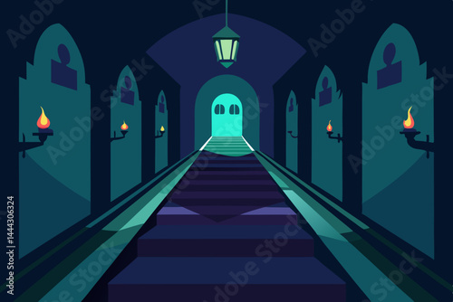 Mysterious Dark Hallway Enigmatic Staircase Leading to an Unknown Destination