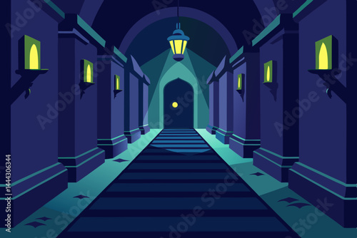 Mysterious Dark Hallway Nighttime Architecture Illustration