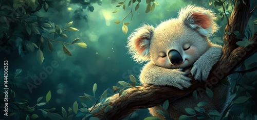 Obraz na płótnie Adorable Koala Sleeping Peacefully in a Lush Green Forest w salonie