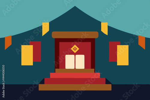 Grand Entrance Festive Tent with Red Carpet and Asian-Inspired Design Elements