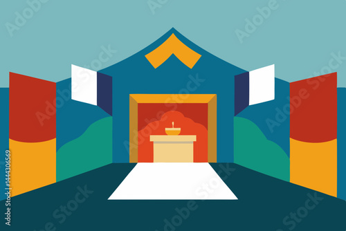 Vibrant Colorful Stage Design  A Theatrical Entrance with Bold Geometric Shapes and a Simple Podium