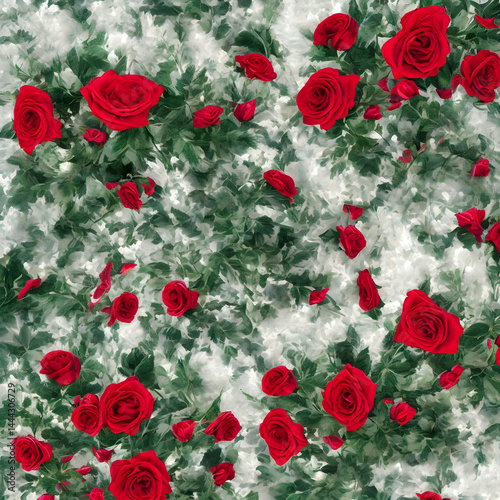 Winter rose bush displaying vibrant red blossoms against snow-covered branches, embodying seasonal romance and holiday elegance