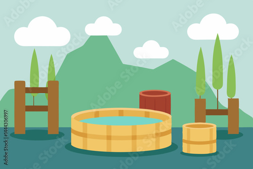 Serene Wooden Ofuro Bath Relaxing Japanese Hot Spring Illustration