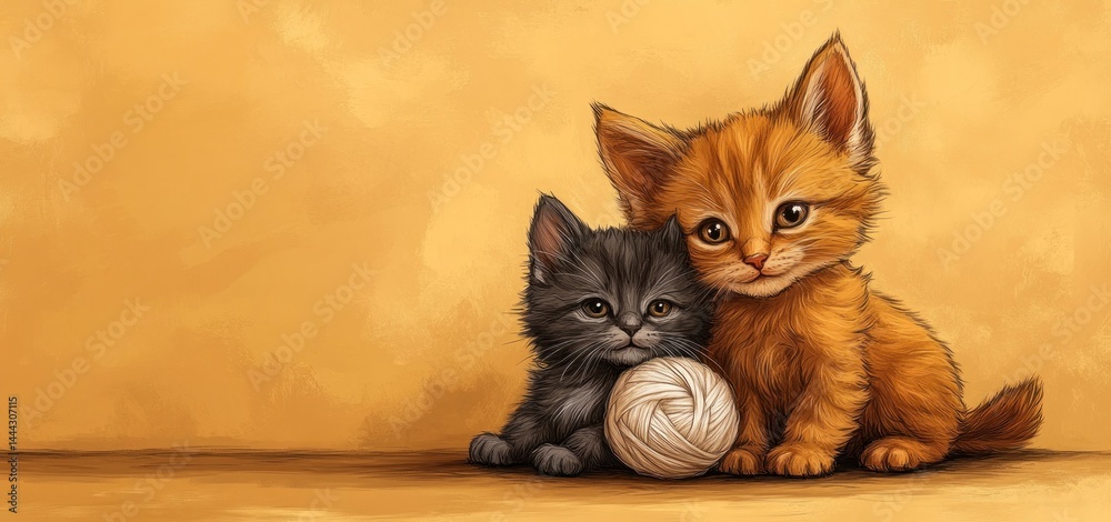 Adorable Kittens with Yarn Ball: A Digital Painting of Two Cute Kittens, One Orange and One Black, Sitting Together with a Ball of Yarn.