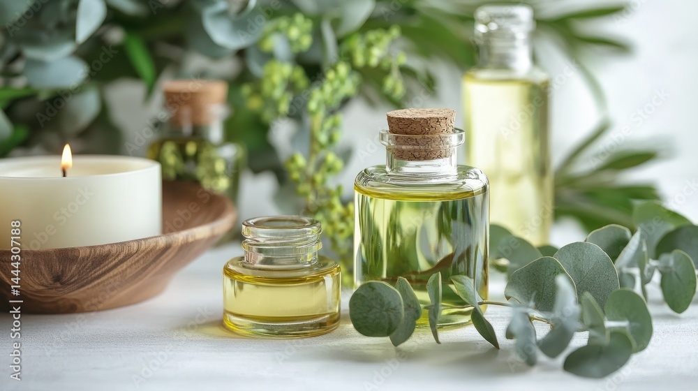 Aromatherapy candle set with glass oil bottles and eucalyptus leaves on white background. Aromatherapy candle set with glass oil bottles and eucalyptus leaves on white background.