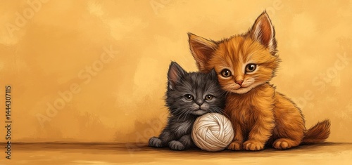 Adorable Kittens with Yarn Ball: A Digital Painting of Two Cute Kittens, One Orange and One Black, Sitting Together with a Ball of Yarn.
